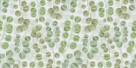 Botanical seamless pattern with vintage graphic silver dollar eucalyptus leaves. Hand-drawn illustration and texture. Light background. Good for production wallpapers, cloth, fabric printing, goods.の写真素材