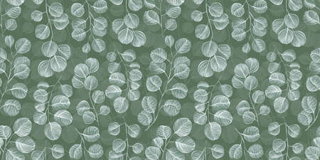 Botanical seamless pattern with vintage graphic silver dollar eucalyptus leaves. Hand-drawn. Light green background. Good for production wallpapers, cloth and fabric printing.の写真素材