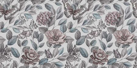 Floral seamless graphic pattern with vintage peonies, hydrangea, anemone, leaves and other flowers. Hand-drawn. Glamorous design. Good for production wallpapers, cloth and fabric printing.の写真素材