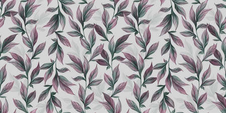 Botanical seamless pattern with vintage graphic green and pink peony leaves. Hand-drawn illustration. Good for production wallpapers, cloth and fabric printing.の写真素材