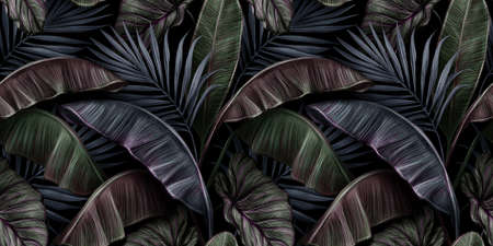 Tropical exotic seamless pattern with dark color vintage banana leaves, palm and colocasia. Hand-drawn 3D illustration. Good for production wallpapers, cloth, fabric printing, goods.の写真素材