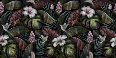 Tropical exotic seamless pattern with birds, monstera, hibiscus, bromeliad, banana leaves, palm, colocasia. Hand-drawn 3D illustration. Good for production wallpapers, cloth and fabric printing.の写真素材