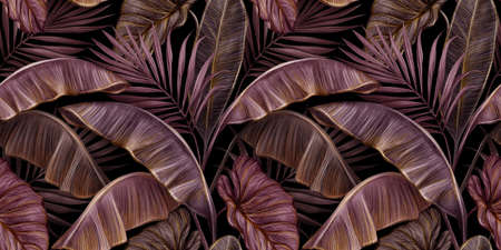 Tropical exotic seamless pattern with dark pink vintage banana leaves, palm and colocasia. Hand-drawn 3D illustration. Good for production wallpapers, cloth, fabric printing, goods.の写真素材
