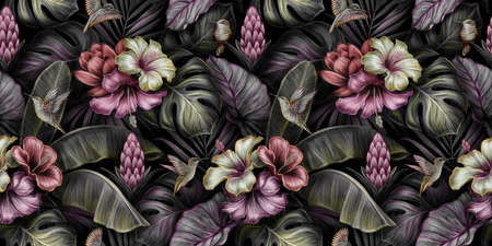 Tropical exotic seamless pattern with birds, monstera, hibiscus, bromeliad, banana leaves, palm, colocasia. Hand-drawn 3D illustration. Good for production wallpapers, cloth and fabric printing.の写真素材