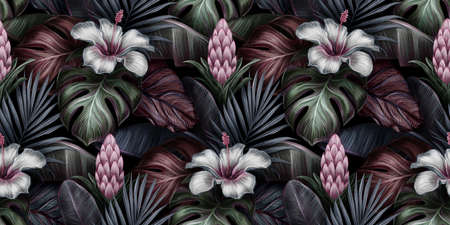 Tropical exotic seamless pattern with hibiscus, bromeliad, monstera, banana leaves, palm, colocasia. Hand-drawn 3D illustration. Good for production wallpapers, cloth, fabric printing, goods.の写真素材