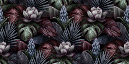 Tropical exotic seamless pattern with white flower, bromeliad, monstera, banana leaves, palm, colocasia. Hand-drawn 3D illustration. Good for production wallpapers, cloth, fabric printing, goods.の写真素材
