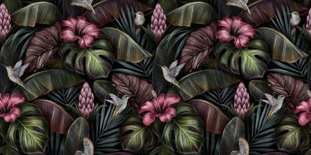 Tropical exotic seamless pattern with red hibiscus, bromeliad, birds, monstera, banana leaves, palm, colocasia. Hand-drawn 3D illustration. Good for production wallpapers, cloth and fabric printing.の写真素材