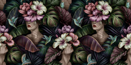 Tropical exotic seamless pattern with woman, monstera, hibiscus, bromeliad, banana leaves, palm, colocasia. Hand-drawn 3D illustration. Good for production wallpapers, cloth and fabric printing.の写真素材