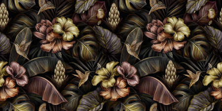 Tropical exotic seamless pattern with birds, monstera, hibiscus, bromeliad, banana leaves, palm, colocasia. Hand-drawn 3D illustration. Good for production wallpapers, cloth and fabric printing.の写真素材
