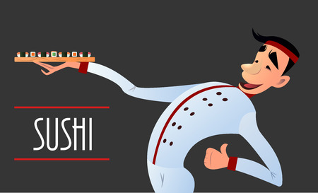 Sushi delivery poster. Sushi menu design. Japanese sushi delivers. Bright cheerful character in a flat styleのイラスト素材