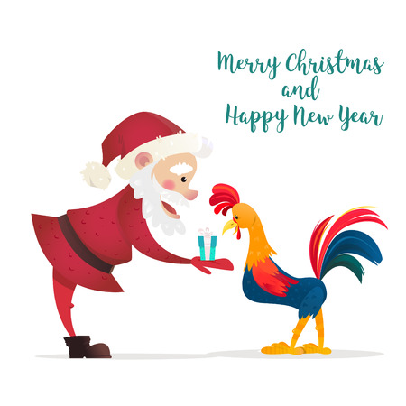 Santa Claus gives presents rooster. Christmas vector illustration. The symbol of the new year 2017. Cartoon characters.のイラスト素材