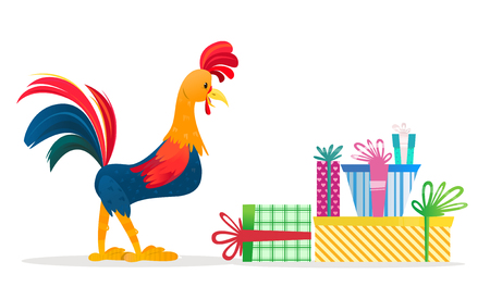 Rooster with gifts. Christmas vector illustration. The symbol of the new year 2017. Cartoon charactersのイラスト素材