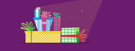 Multicolored Christmas gifts. New Year greeting card.Christmas vector illustration. The symbol of the new year . Cartoon charactersのイラスト素材