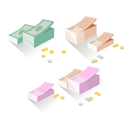 Vector illustration money exchange in flat style. Set of logo momey exchange. Different money and coinsのイラスト素材