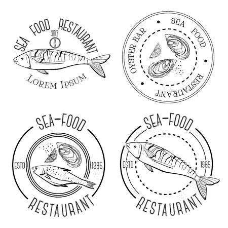 Hand drawn. Set of vintage fish market or restaurant logo, labels, emblems and designed elementsのイラスト素材