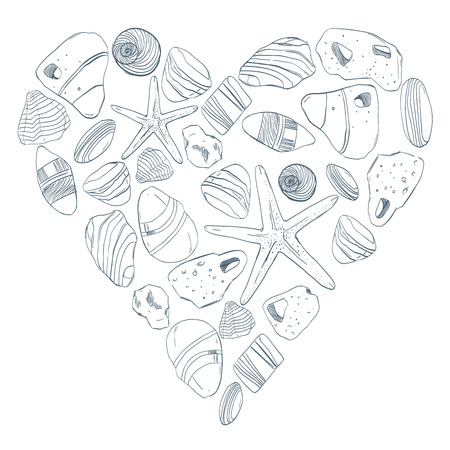 Hand drawn. Sea stones  and shell seamless pattern  heart post card.Can be used like post card, background or bannerのイラスト素材
