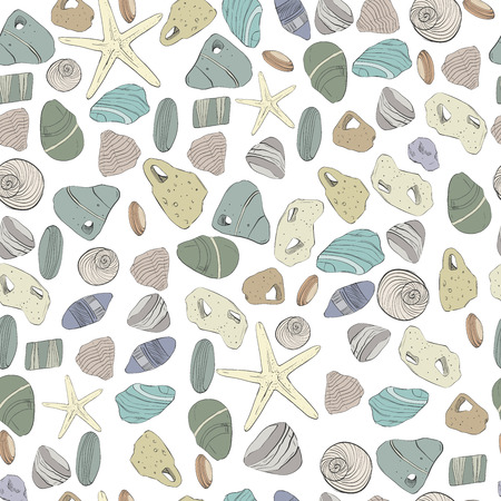 Hand drawn. Sea stones  and shell seamless pattern.Can be used like post card, background or bannerのイラスト素材