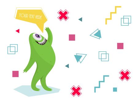 Funny monster waving his hand. Geometric colorful background. Cartoon character .Dialogue cartoon. Vector illustrations. Cheerful toothed monster. Geometric background. The cross, square, dot.の写真素材