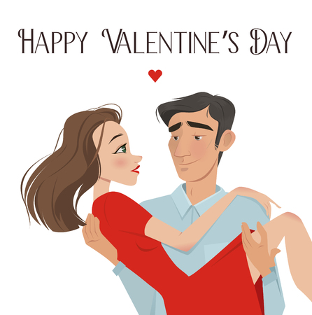 Man holds girl in his arms. Lovers. Valentines Day. Cartoon style. Boy and girl. Date. A declaration of love. offer to go get married. romance. feelings, a pair of loversのイラスト素材