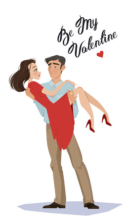 Man holds girl in his arms. Lovers. Valentines Day. Cartoon style. Boy and girl. Date. A declaration of love. offer to go get married. romance. feelings, a pair of loversのイラスト素材