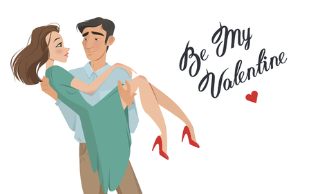 Man holds girl in his arms. Lovers. Valentines Day. Cartoon style. Boy and girl. Date. A declaration of love. offer to go get married. romance. feelings, a pair of loversのイラスト素材