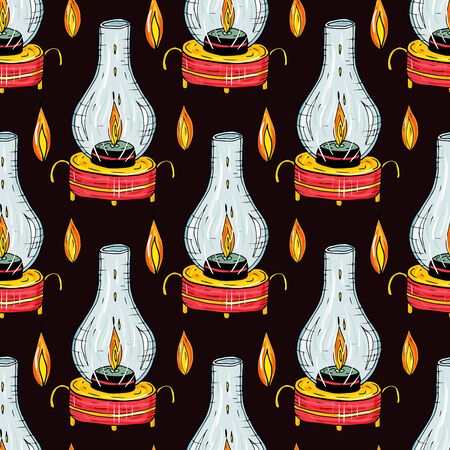 Seamless pattern with burning candles in lamps on a black background. Endless texture for design.のイラスト素材