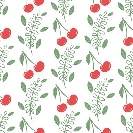 Endless texture for design. Vector background with green leaves and cherries for packaging, design,...