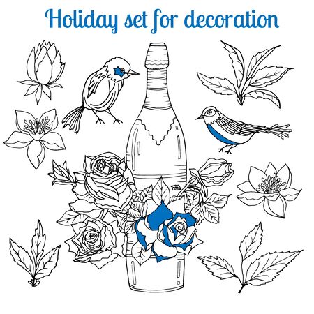 Collection of hand-drawn Sakura blossom, leaves, decorative birds and bottle of wine. Black and white.のイラスト素材