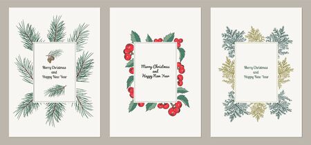 Set of cards for the winter holidays with fir brunches and fir cones, berries holy and leaves branches, lights and place for text.のイラスト素材