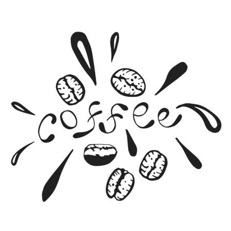 Handwritten lettering of coffee party with coffee beans and decorative spray. Vector calligraphy illustration isolated on white background. Typography for banners, badges, prints, posters.のイラスト素材