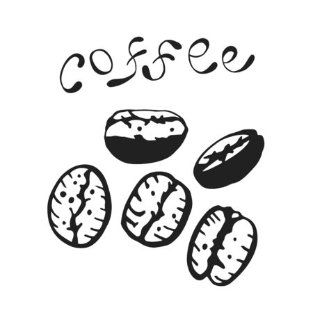 Handwritten lettering of coffee with coffee beans and decorative spray. Vector calligraphy illustration isolated on white background. Typography for banners, badges, prints, posters.のイラスト素材