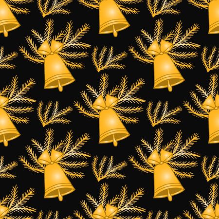 Seamless pattern with decorative gold bells on the black background. Traditional winter background. Vector illustration for the design for packaging, background, wrapping. Endless texture.のイラスト素材