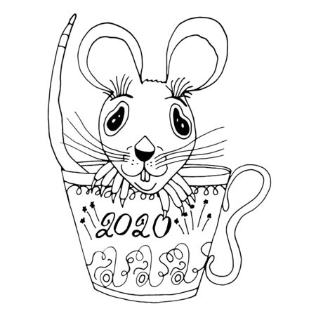 A cute funny rat is sitting in a mug with the inscription 2020. Isolated object on white background. Funny vector illustration for coloring book and for winter decor. Symbol of year 2020.のイラスト素材
