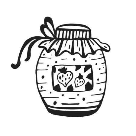 Strawberry jam in a jar isolated on white background. Hand drawn doodle vector sketch. Coloring page, Coloring book. Contour.のイラスト素材