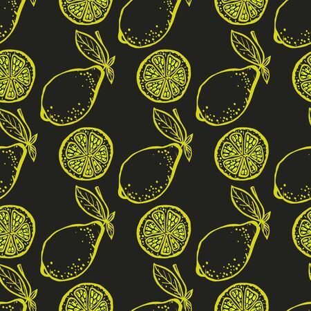 Lemon sliced on dark background. Citrus fruit endless vector texture. Seamless pattern of lemons on dark background. Sketch or doodle style.のイラスト素材