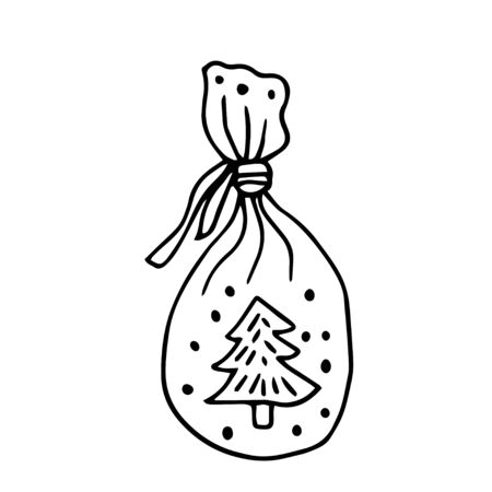 Element for decoration holiday cards and invitations to the winter holidays. Isolated on white. A hand drawn a bag with presents for Christmas and New Year decor.のイラスト素材