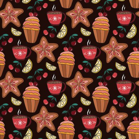 Seamless pattern with pastry, cherries, lemon and cup of coffee or tea. Endless texture for festive design, restaurant and cafe menu, decoration.のイラスト素材