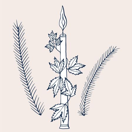 Set with hand drawn candle and fir branches for New Year and Xmas decoration. Isolated on white background. Doodle vector illustration.のイラスト素材