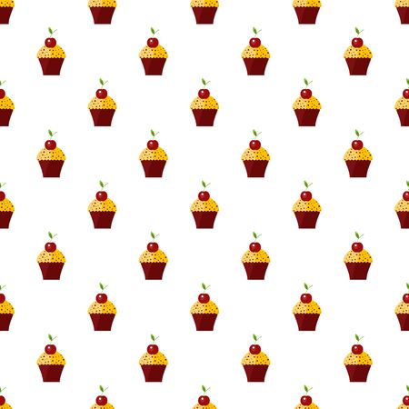 Seamless pattern with cupcakes and cherries on the light white background. Endless food texture for design.のイラスト素材