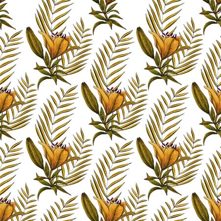 Seamless background with orange lilies on the white. Floral repeat print. Watercolor summer bouquet pattern. Marker illustration.の写真素材