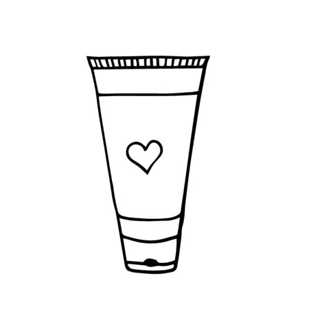 Vector doodle illustration. Close-up of container for cosmetics on a white isolated background. Cosmetic bottle icon.のイラスト素材