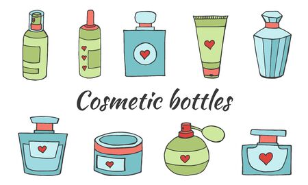 Vector doodle illustrations. Set with close-up of containers for cosmetics on a white isolated background. Cosmetic bottle icons.のイラスト素材