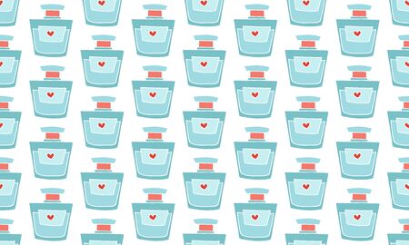 Doodle colorful cosmetic pattern. Fashion background with makeup items and perfumes. Hand drawn vector seamless pattern.のイラスト素材