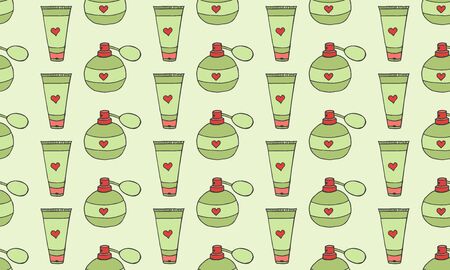 Doodle colorful cosmetic pattern. Fashion background with makeup items and perfumes. Hand drawn vector seamless pattern.のイラスト素材