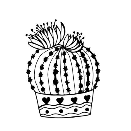 Vector hand drawn outline cactuse in flowerpot. Cute hand drawn cactus print isolated on white. Doodle illustration.のイラスト素材