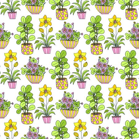 Seamless pattern with cute hand drawn flower plants in pots. Doodle vector bright illustration house plants for your designes of packaging, clothing, textile and mutch more.のイラスト素材