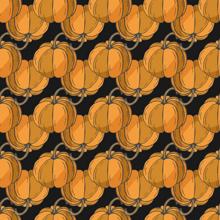 Pumpkins seamless pattern. Thanksgiving background with orange pumpkins on the dark. Vegetable background. Vector illustration.のイラスト素材