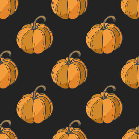 Pumpkins seamless pattern. Thanksgiving background with orange pumpkins on the dark. Vegetable background. Vector illustration.のイラスト素材