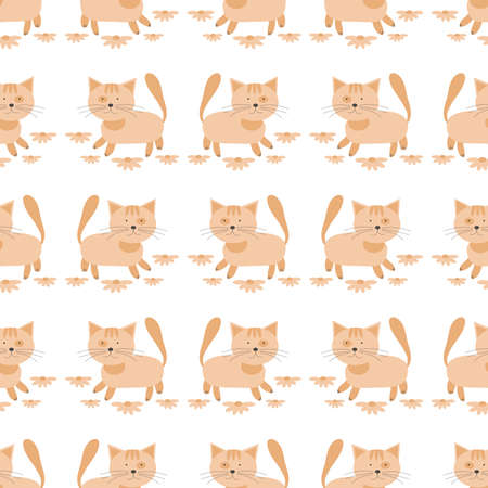 Cute Vector seamless pattern with daisy flowers and cute kittens. Design for fashion, fabric and all prints for children. Childish pattern for newborns.のイラスト素材