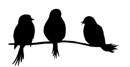 Hand drawn monochrome silhouettes of birds on the branch. Silhouettes of winter birds bullfinch. Decor elements.のイラスト素材